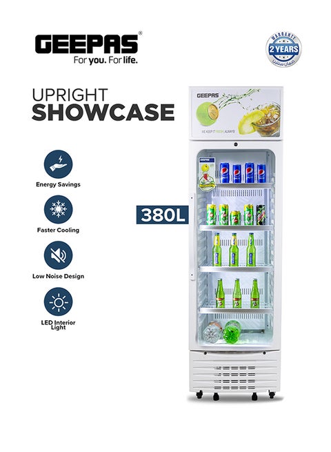 380 L Upright Showcase Fridge with Adjustable Thermostat, Secure Storage & Cooling for Beverages, with Lock,  Bottle Cooler, and Energy-Efficient Fan 230 W GSC3807WRE White