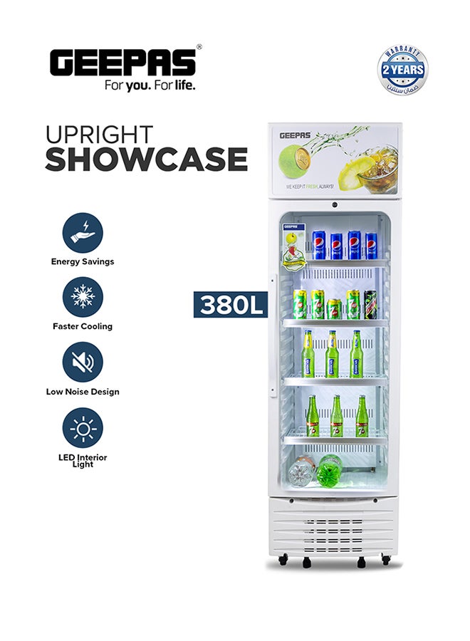 GEEPAS 380 L Upright Showcase Fridge with Adjustable Thermostat, Secure Storage & Cooling for Beverages, with Lock,  Bottle Cooler, and Energy-Efficient Fan 230 W GSC3807WRE White  - Image 1