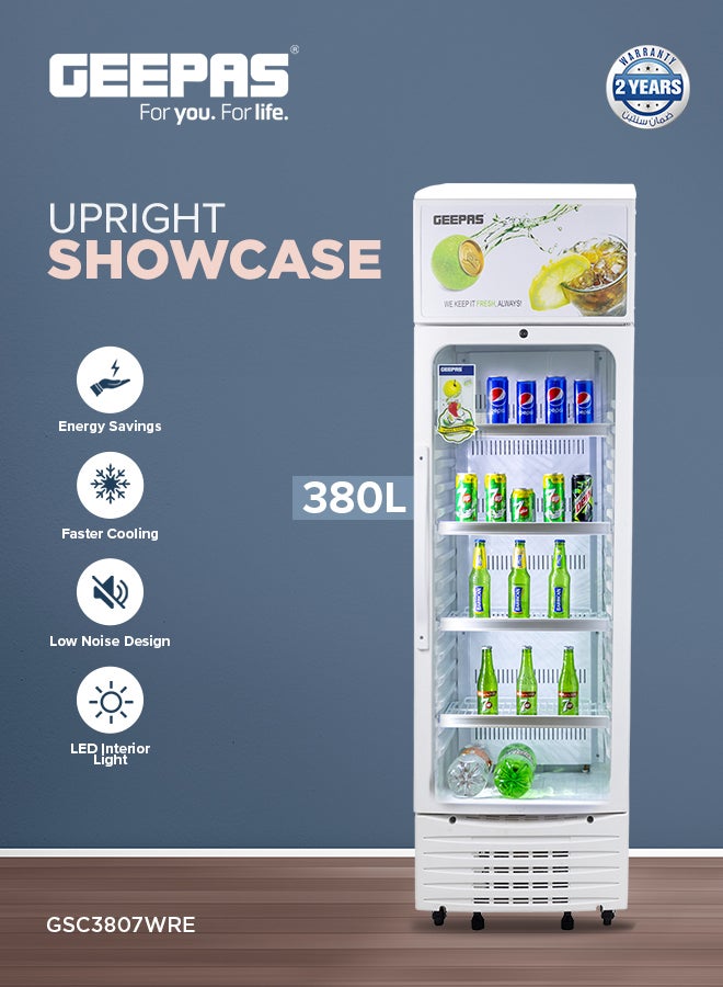 GEEPAS 380 L Upright Showcase Fridge with Adjustable Thermostat, Secure Storage & Cooling for Beverages, with Lock,  Bottle Cooler, and Energy-Efficient Fan 230 W GSC3807WRE White  - Image 2
