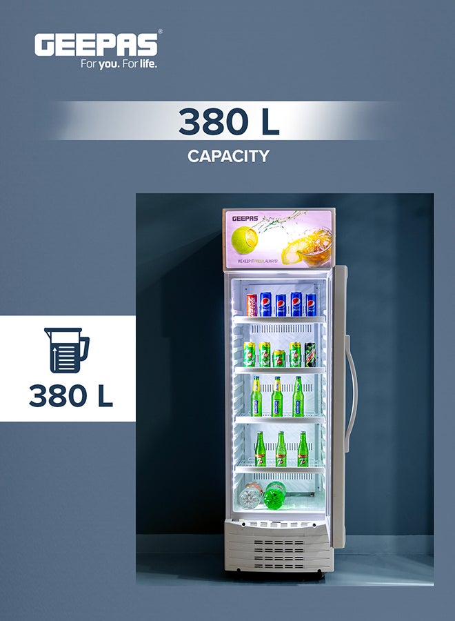 GEEPAS 380 L Upright Showcase Fridge with Adjustable Thermostat, Secure Storage & Cooling for Beverages, with Lock,  Bottle Cooler, and Energy-Efficient Fan 230 W GSC3807WRE White  - Image 3