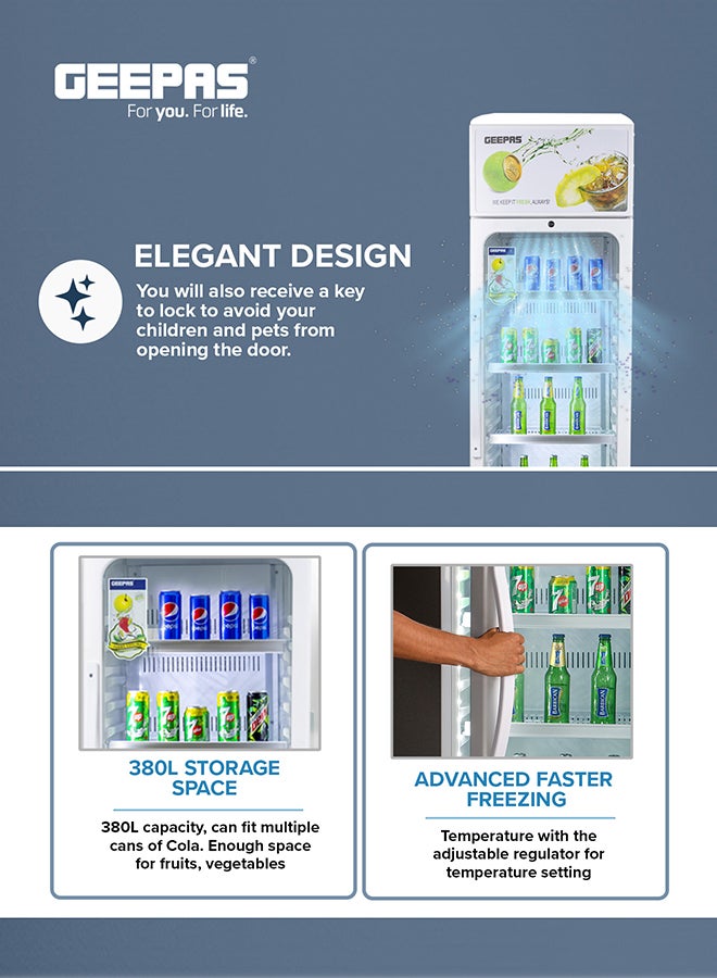 GEEPAS 380 L Upright Showcase Fridge with Adjustable Thermostat, Secure Storage & Cooling for Beverages, with Lock,  Bottle Cooler, and Energy-Efficient Fan 230 W GSC3807WRE White  - Image 5