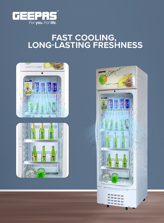 GEEPAS 380 L Upright Showcase Fridge with Adjustable Thermostat, Secure Storage & Cooling for Beverages, with Lock,  Bottle Cooler, and Energy-Efficient Fan 230 W GSC3807WRE White  - Image 4