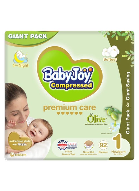 Olive Tape Diaper, Size 1, Newborn, 0-4 Kg, Giant Pack, 92 Diapers