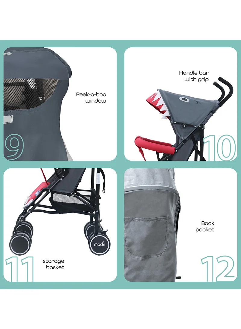 مون Safari Animal-Themed Umbrella Stroller – Compact, Reclining Seat, Storage Basket, Shoulder Strap, Lightweight, Suitable 0m+ to 18kg – Shark