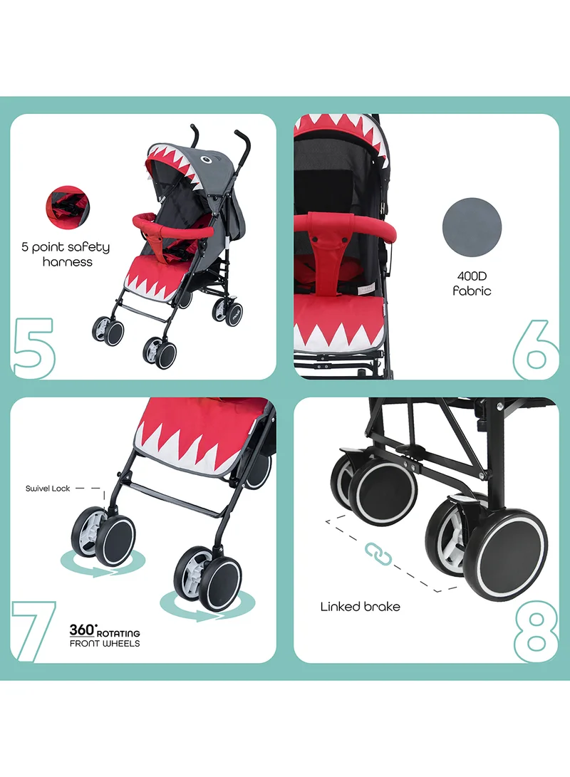 مون Safari Animal-Themed Umbrella Stroller – Compact, Reclining Seat, Storage Basket, Shoulder Strap, Lightweight, Suitable 0m+ to 18kg – Shark