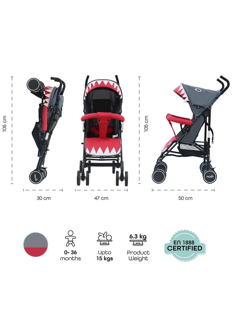 مون Safari Animal-Themed Umbrella Stroller – Compact, Reclining Seat, Storage Basket, Shoulder Strap, Lightweight, Suitable 0m+ to 18kg – Shark