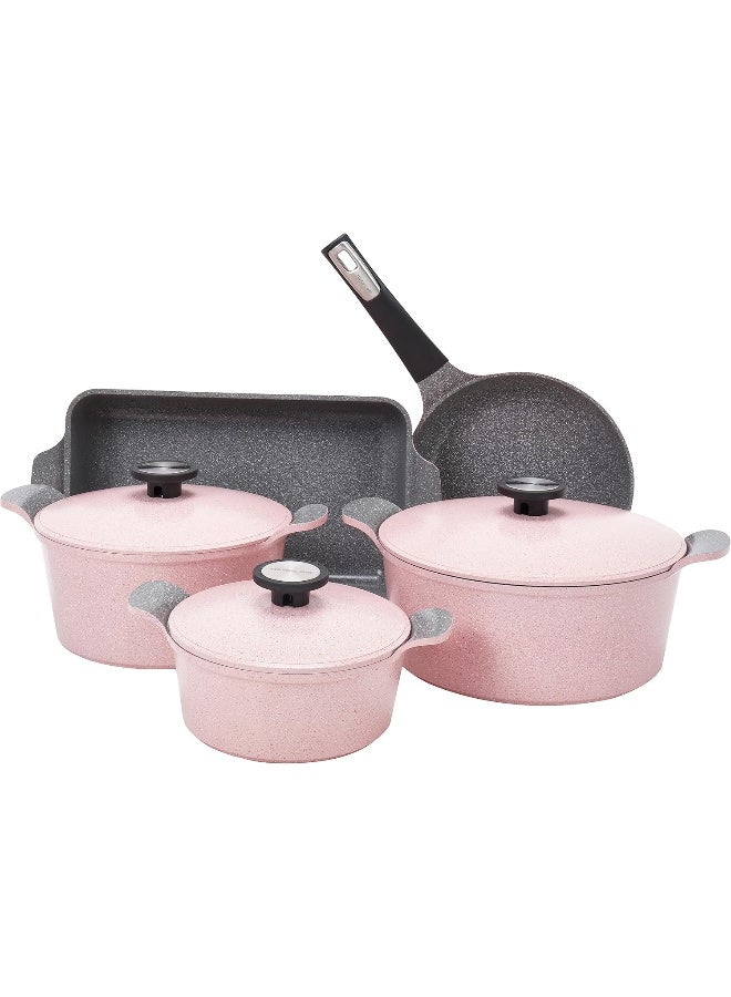 نيو فلام طقم أواني الطهي إكستريم من 8 قطع بتصميم رخامي وردي 28سم - Image 1