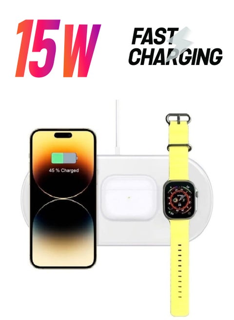 3 in 1 Fast Wireless Charger 15W for iPhone 14 Series Apple Watch 8/Ultra AirPods 3/Pro 2 Compatible with All Qi Enabled Devices White