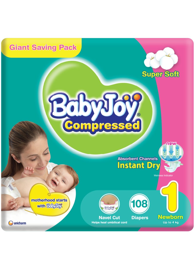 BabyJoy 2X Compressed Diamond Pad Diaper, Size 1, Newborn, 0-4 Kg, Giant Pack, 108 Diapers  - Image 1