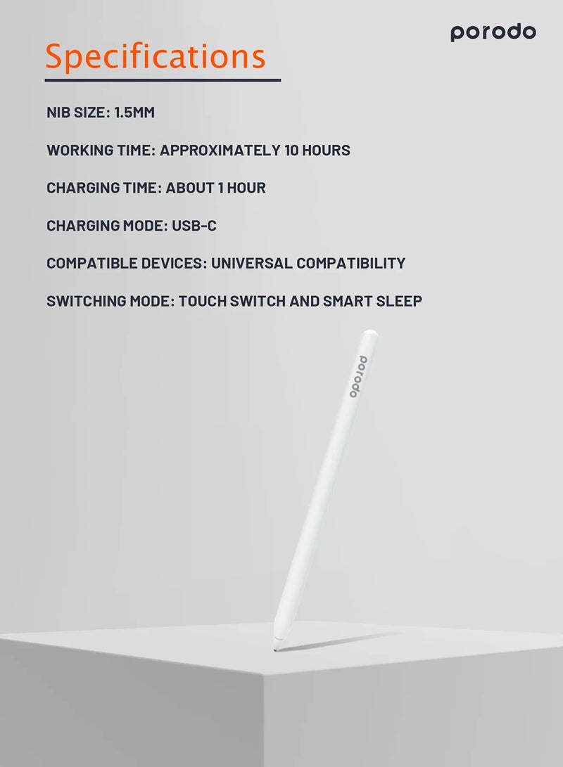 بورودو - Stylus Pencil 1.5mm Nib, Universal Pencil Compatible with iOS and Android Tablets Devices, Magnetic Attachment, 12-hours Battery Life, High Precision Pen Tip White - Image 1