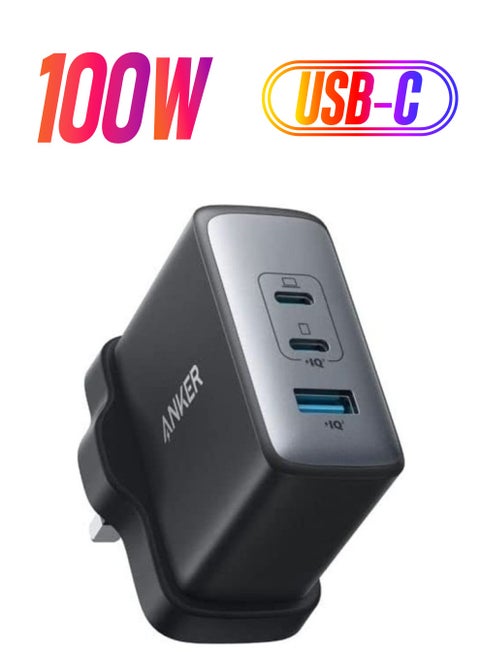 100W USB C Charger, 736 GaN II Charger, 3-Port Fast Compact Wall Charger for MacBook Pro/Air, iPhone 16/15/14 Series, ThinkPad, Dell XPS, iPad Pro, Samsung S25/S24, Huawei, Xiaomi, Vivo Black