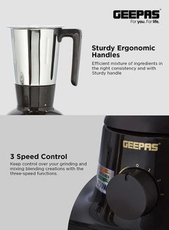 GEEPAS 3-In-1 Powerful Grinder With Stainless Steel Jars & Blades,3 Speed Settings, Safety Twist Lock, Perfect For Dry & Wet Fine Grinding 750 W GSB44086 Multicolour  - Image 5
