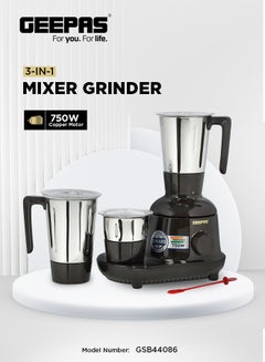 GEEPAS 3-In-1 Powerful Grinder With Stainless Steel Jars & Blades,3 Speed Settings, Safety Twist Lock, Perfect For Dry & Wet Fine Grinding 750 W GSB44086 Multicolour  - Image 1