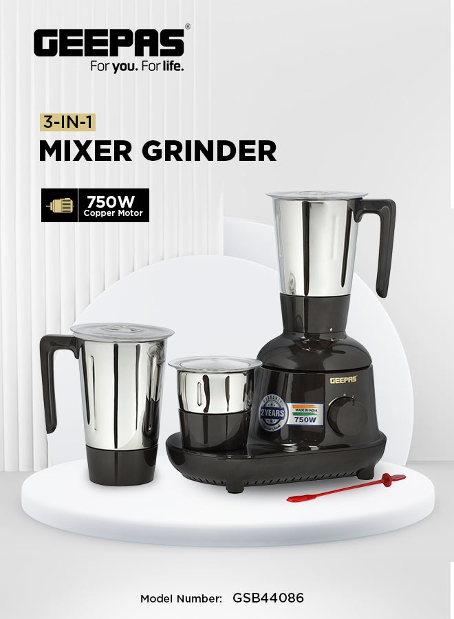 GEEPAS - 3-In-1 Powerful Grinder With Stainless Steel Jars & Blades,3 Speed Settings, Safety Twist Lock, Perfect For Dry & Wet Fine Grinding 750 W GSB44086 Multicolour - Image 1