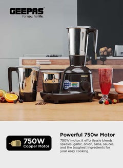 GEEPAS 3-In-1 Powerful Grinder With Stainless Steel Jars & Blades,3 Speed Settings, Safety Twist Lock, Perfect For Dry & Wet Fine Grinding 750 W GSB44086 Multicolour  - Image 4