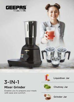 GEEPAS 3-In-1 Powerful Grinder With Stainless Steel Jars & Blades,3 Speed Settings, Safety Twist Lock, Perfect For Dry & Wet Fine Grinding 750 W GSB44086 Multicolour  - Image 3