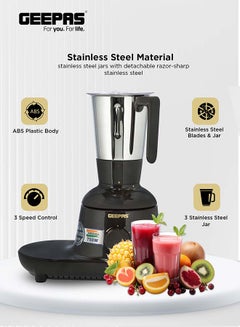 GEEPAS 3-In-1 Powerful Grinder With Stainless Steel Jars & Blades,3 Speed Settings, Safety Twist Lock, Perfect For Dry & Wet Fine Grinding 750 W GSB44086 Multicolour  - Image 2