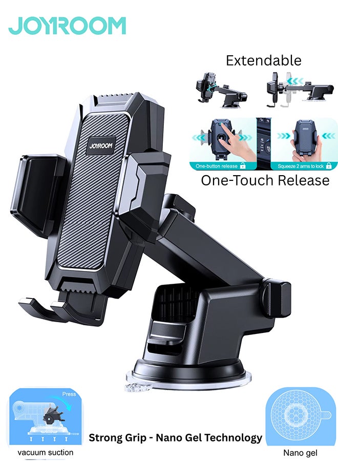JOYROOM Mobile Holder for Car | Upgraded 2025 Car Phone Holder for Dashboard | 360 Degree Adjustable, Retractable to your comfort, One hand operation, One button release, Nano Gel Strong Grip, Heat Resistance, Holds Mobile Phone Stable on Harsh Roads, High Speeds and Sudden Brakes | Quality Certified Black  - Image 1