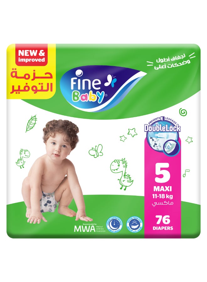 فاين بيبي فاين بيبي حفاضات أطفال مقاس ٥ ماكسي - وزن ١١-١٨ كجم -  ٧٦ حفاضة  - Image 1