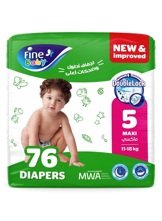 فاين بيبي حفاضات أطفال مقاس ٥ ماكسي - وزن ١١-١٨ كجم -  ٧٦ حفاضة - Image 1