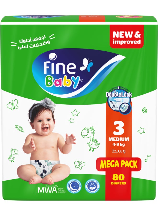 فاين بيبي حفاضات أطفال مقاس ٣ وسط - وزن ٤-٩ كجم - ٨٠ حفاضة