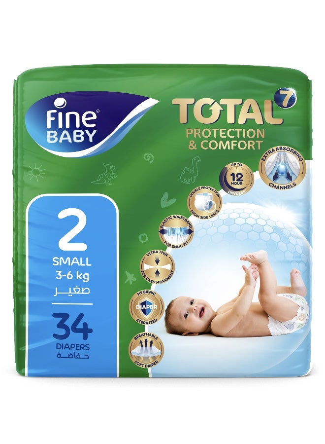 Fine Baby Total 7 Diapers, Size 2 Small (3-8 kg), 34 Count – Soft, Absorbent & Leak Proof Baby Diapers