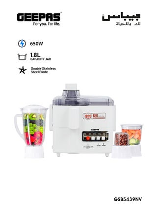 Multi-Functional 4-In-1 Food Processor (Juicer/Blender/ Grinder & Chopper) With Plastic Jar With SS Blades,2 Speed Control With Pulse 1.8 L 650 W GSB5439NV White - pnsku/N53363763A/45/_/1696323447/4861cc9d-9684-469b-a514-3e9e2aff1dad