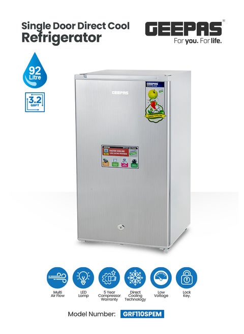 Single Door Direct Cool Refrigerator/Defrost Mini Fridge/Quick Cooling with Temperature Control/Tempered Glass Shelves/Transparent Door Basket, Extra Space and Long Lasting Freshness 92 L GRF110SPEM Grey
