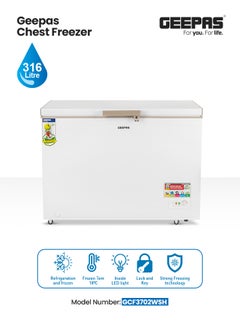 Chest Freezer Storage Capacity with 316 L (11.2 Cb.Ft ),Frozen Temperature: 18-Degrees Celsius, HCF And FCKW Free, Highly Efficient Monolithic Foaming And Compressor Switch Off Function, Includes Lock And Key And 2 Food Baskets 316 L 155 W GCF3702WSH White