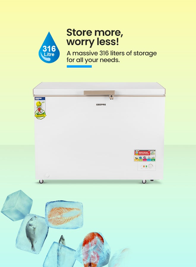 GEEPAS - Chest Freezer Storage Capacity with 316 L (11.2 Cb.Ft ),Frozen Temperature: 18-Degrees Celsius, HCF And FCKW Free, Highly Efficient Monolithic Foaming And Compressor Switch Off Function, Includes Lock And Key And 2 Food Baskets 316 L 155 W GCF3702WSH White - Image 1