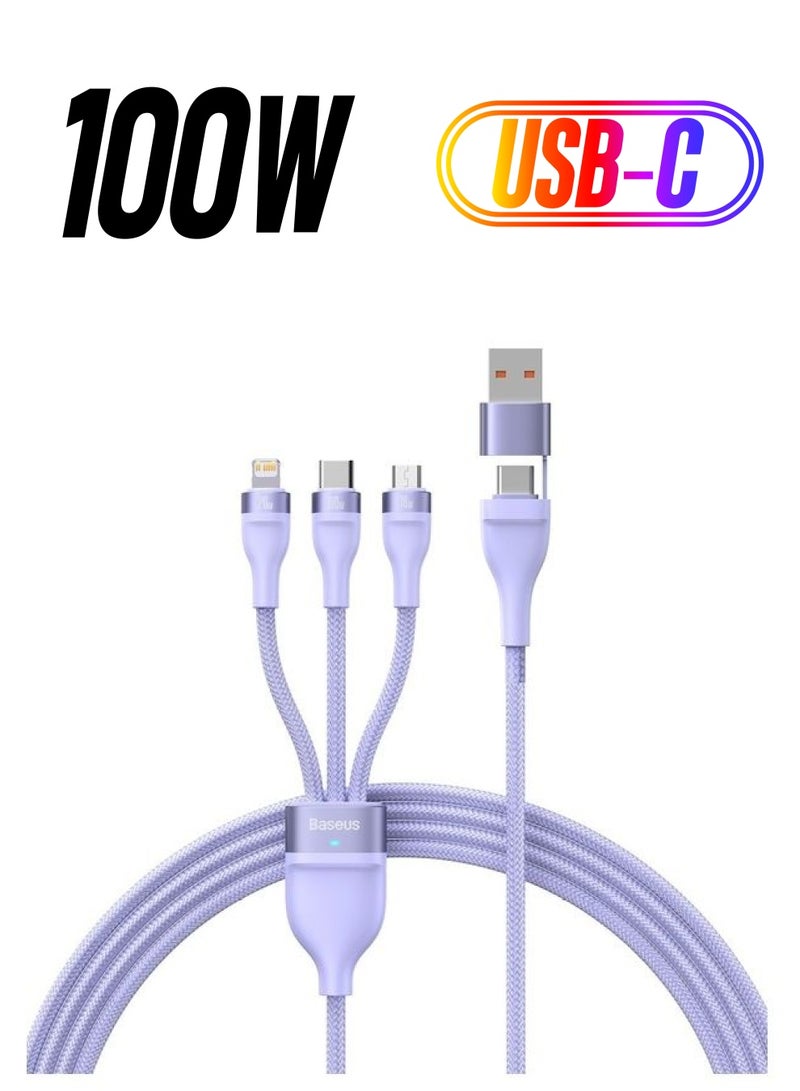 Baseus - Fast Charging USB + C to Type C 100W, Lightning 20W for iPhone 14 Pro Max, and Micro 18W, Data Cable 1.2M Compatible for Apple 13 12 11, MacBook, iPad, Samsung, Huawei, and More Purple - Image 1