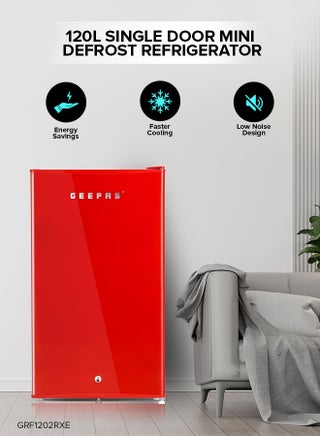 120L Gross/92L Net Capacity, Single Door Mini Defrost Refrigerator With Retro Premium Design, Bottle Opener, Glass Shelves, Transparent Door Basket, Lock & Key, Low Noise, Low Voltage, Adjustable Front Wheel GRF1202RXE Red - pnsku/N53365150A/45/_/1714120845/b253b0ae-8690-41fc-ae92-02df7f2a07f6