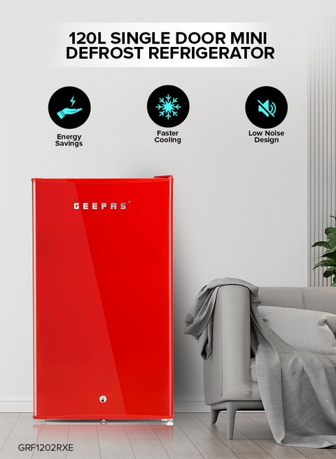120L Gross/92L Net Capacity, Single Door Mini Defrost Refrigerator With Retro Premium Design, Bottle Opener, Glass Shelves, Transparent Door Basket, Lock & Key, Low Noise, Low Voltage, Adjustable Front Wheel GRF1202RXE Red