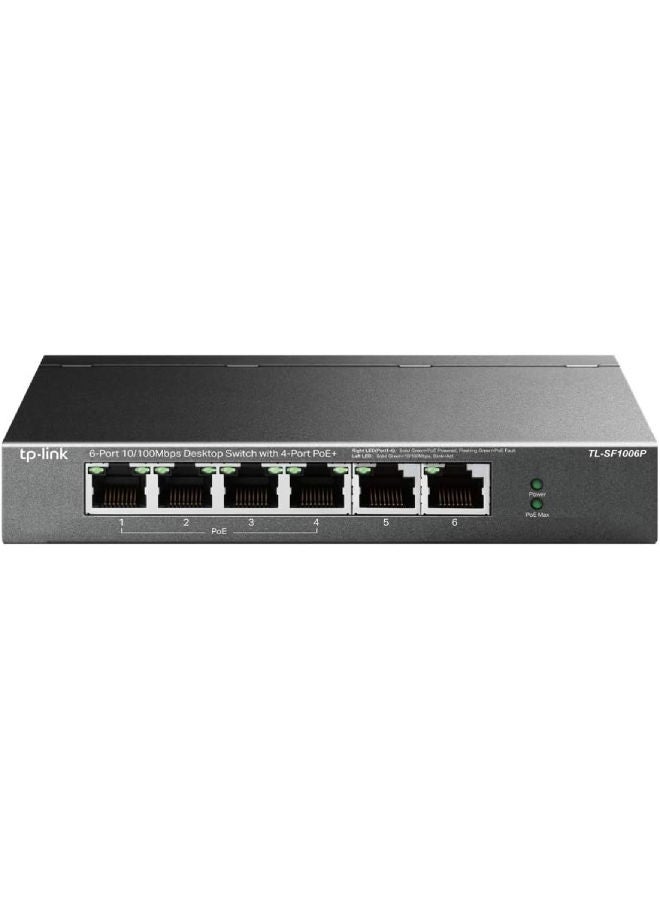 TP-LINK - TP-Link 6 Port Fast Ethernet 10/100Mbps PoE Switch | 4 PoE+ Ports @67W | Plug & Play | Sturdy Metal w/Shielded Ports | Extend Mode | Priority Mode (TL-SF1006P) Black - Image 1
