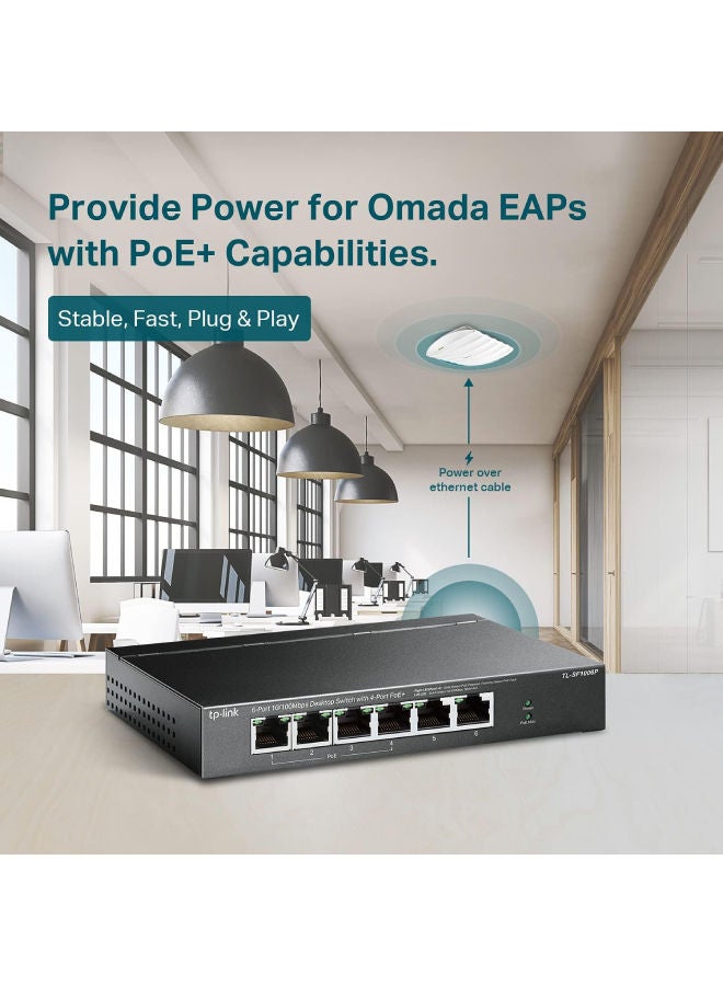 TP-LINK - TP-Link 6 Port Fast Ethernet 10/100Mbps PoE Switch | 4 PoE+ Ports @67W | Plug & Play | Sturdy Metal w/Shielded Ports | Extend Mode | Priority Mode (TL-SF1006P) Black - Image 1