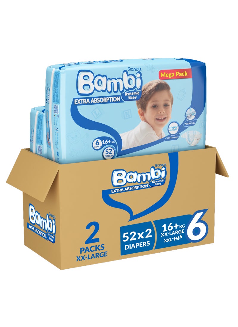 Sanita Bambi Baby Diapers Mega Pack Size 6, Xx-Large, 16+Kg, 104 Count