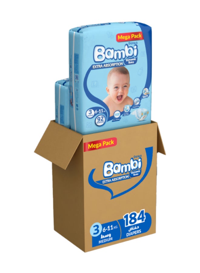 Sanita Bambi Size 3, Medium, 6-11 Kg, Mega Pack, 184 Diapers 