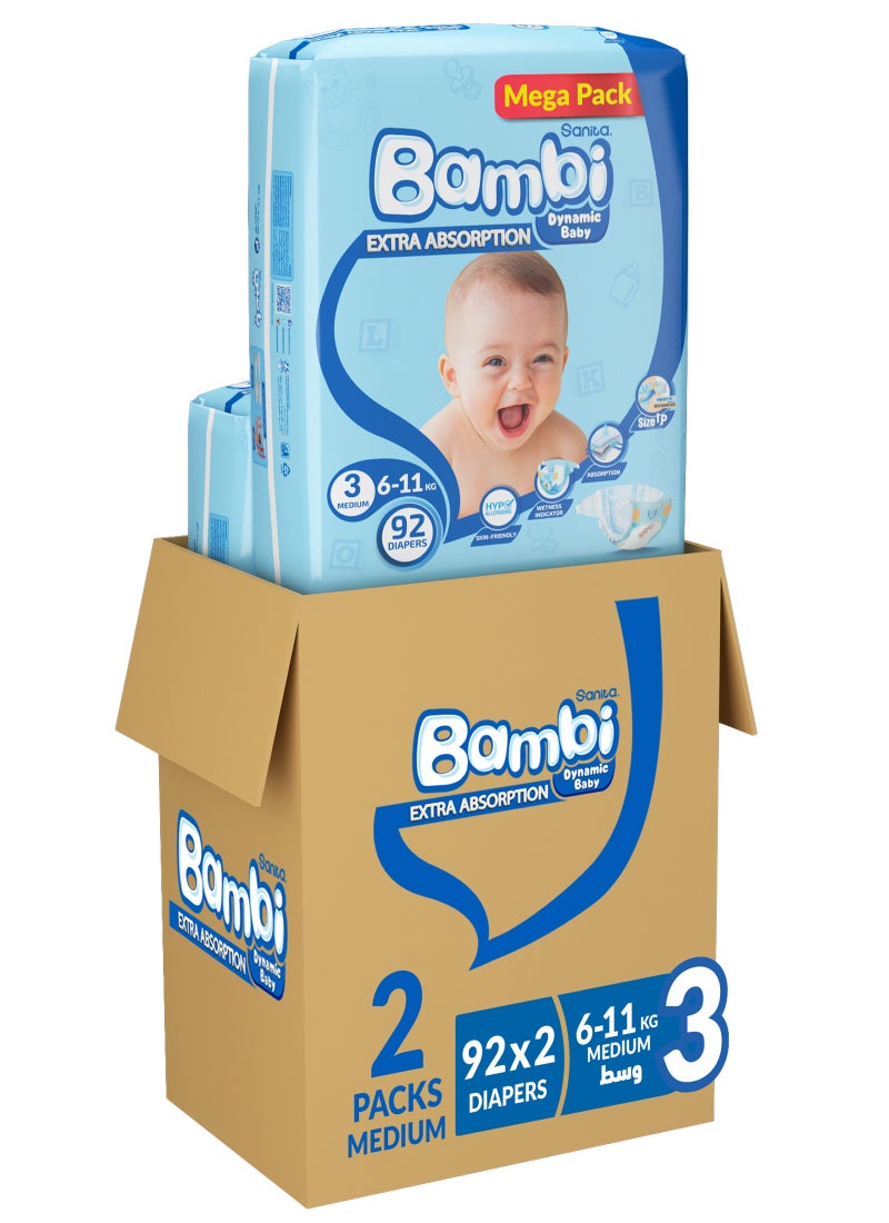 Sanita Bambi Size 3, Medium, 6-11 Kg, Mega Pack, 184 Diapers