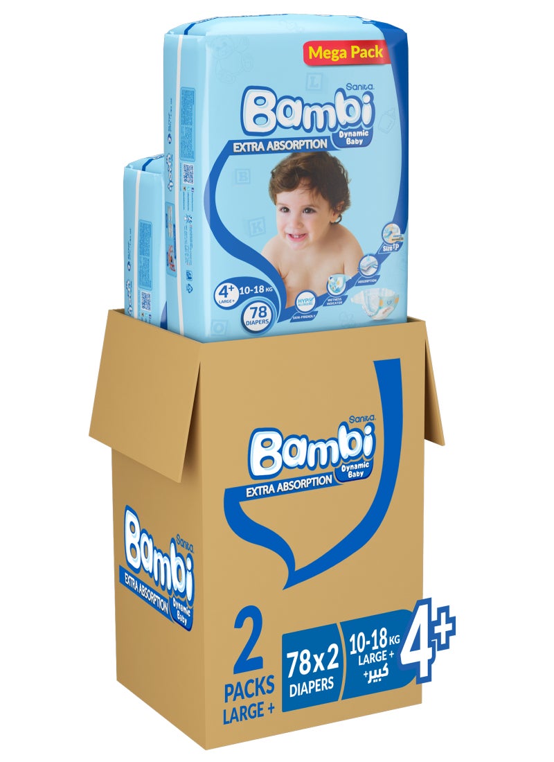 Sanita Bambi Size 4+, Large+, 10-18 Kg, Mega Pack, 156 Diapers