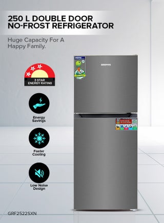 250L Gross-180L Net Capacity, No Frost Double Door Refrigerator| With Multi Air Flow, Stainless Steel Body, Recessed Handle, Tempered Glass Shelves, Faster And Deep Cooling, LED Internal Lamp, Ice Tray, Egg Tray GRF2522SXN Grey - pnsku/N53367543A/45/_/1714119649/303ac8f8-25ef-4429-980e-65e0d9cd12ef