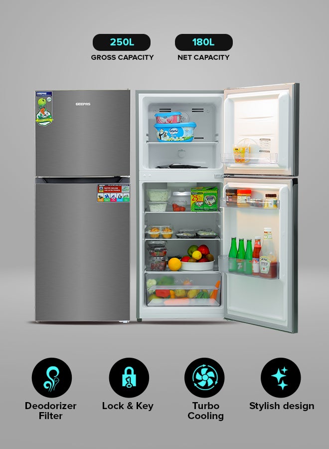 GEEPAS 180L Total No Frost Refrigerator (49L/131L) - Double Door, Multi-Airflow, Unbreakable Glass - Metallic Grey GRF2522SXN Grey - Image 3