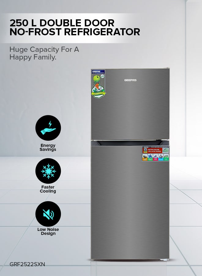 GEEPAS 180L Total No Frost Refrigerator (49L/131L) - Double Door, Multi-Airflow, Unbreakable Glass - Metallic Grey GRF2522SXN Grey - Image 2
