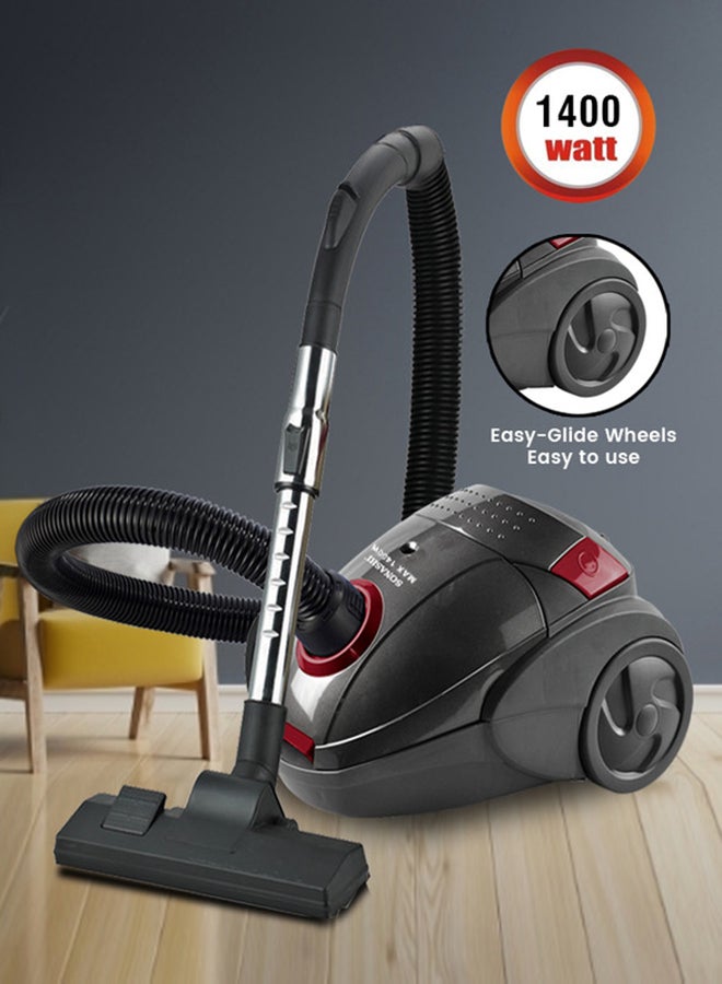 SONASHI Canister Vacuum Cleaner | 2PC Plastic Insert Tube with Automatic Rewinding Wire | Lower Noise Design with Washable Cloth Dust Bag | Powerful Performance 1.5 L 1400 W SVC-9031 Black/Red  - Image 1