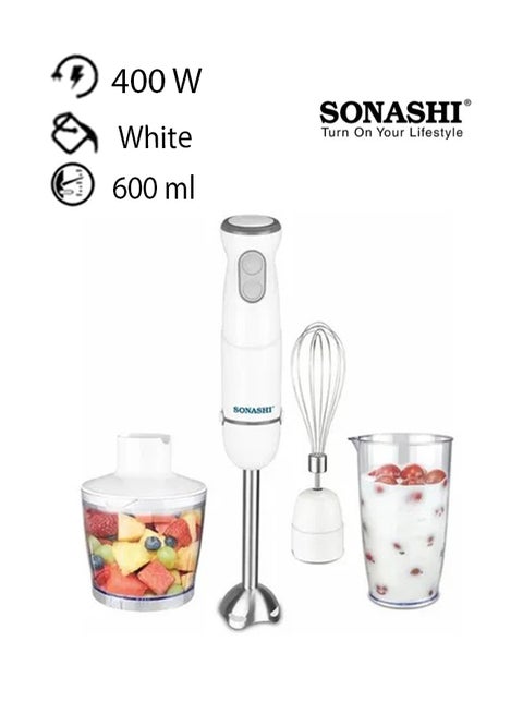 4-in-1 Hand Blender Chopper Whisker Mixer | Durable Stainless Steel Blade & Removable Stick | Comes with 600ml Plastic Jar, 500ml Chopper and Blending Wand | Power Watt 400 SHB-184JCW White