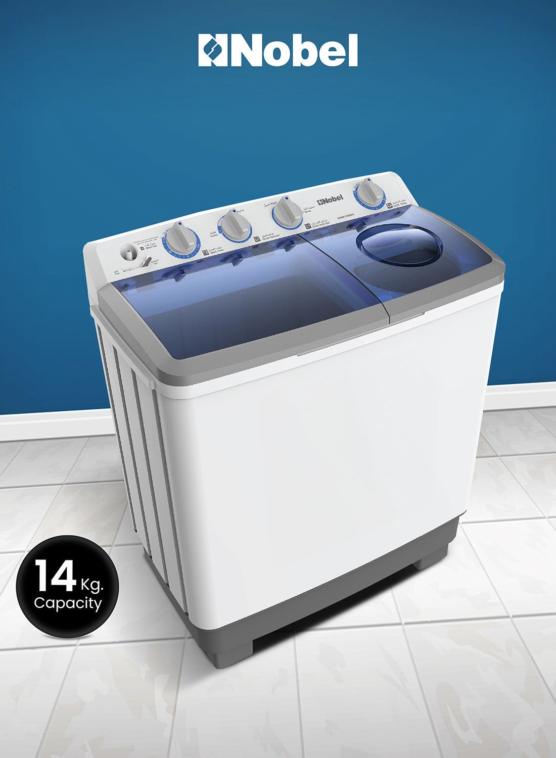 Nobel 14/6.5 Kg Twin Tub Semi-Automatic Washing Machine with 14KG washer and 6.5KG spin capacity, 550W Wash Power, PP Pulsator, Lint Filter, ABS Control Panel, Transparent Blue Cover, 1300 RPM, 15 Mins Wash Timer, Efficient Laundry Solution 14 kg NWM1400RH White 