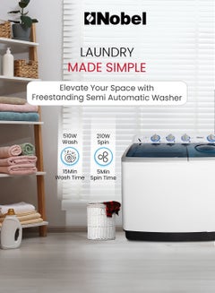 Nobel 14/6.5 Kg Twin Tub Semi-Automatic Washing Machine with 14KG washer and 6.5KG spin capacity, 550W Wash Power, PP Pulsator, Lint Filter, ABS Control Panel, Transparent Blue Cover, 1300 RPM, 15 Mins Wash Timer, Efficient Laundry Solution 14 kg NWM1400RH White  - Image 5