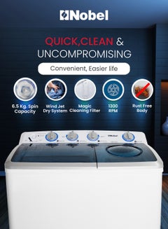 Nobel 14/6.5 Kg Twin Tub Semi-Automatic Washing Machine with 14KG washer and 6.5KG spin capacity, 550W Wash Power, PP Pulsator, Lint Filter, ABS Control Panel, Transparent Blue Cover, 1300 RPM, 15 Mins Wash Timer, Efficient Laundry Solution 14 kg NWM1400RH White  - Image 4