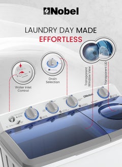 Nobel 14/6.5 Kg Twin Tub Semi-Automatic Washing Machine with 14KG washer and 6.5KG spin capacity, 550W Wash Power, PP Pulsator, Lint Filter, ABS Control Panel, Transparent Blue Cover, 1300 RPM, 15 Mins Wash Timer, Efficient Laundry Solution 14 kg NWM1400RH White  - Image 3