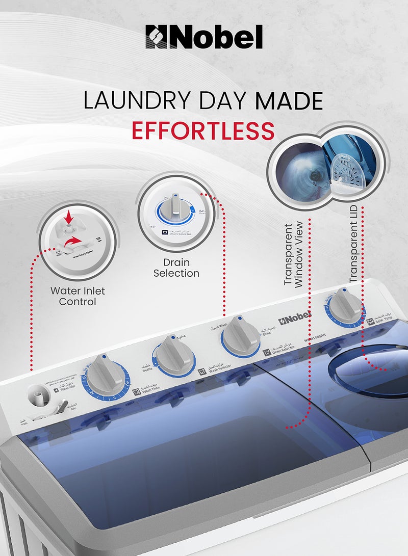 نوبل غسالة نصف أوتوماتيك بحوضين 14 kg NWM1400RH أبيض - Image 3