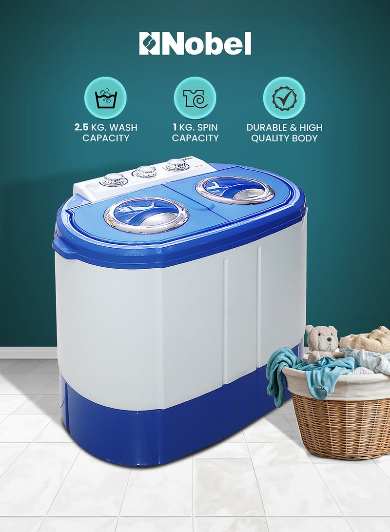 Nobel 3/1 KG Compact Washing Machine with 3KG Washing and 1 KG Spin Capacity, 3 Knobs Control for Washing and Spinning, Durable High-Quality Plastic Body, IPX4 Rating, 60W Wash Power, 25W Spin Power, Energy Efficient 2.5 kg NWM300 White  - Image 1